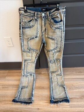 NOVA MEN Distressed Patchwork Bootcut Jeans Light Wash Denim